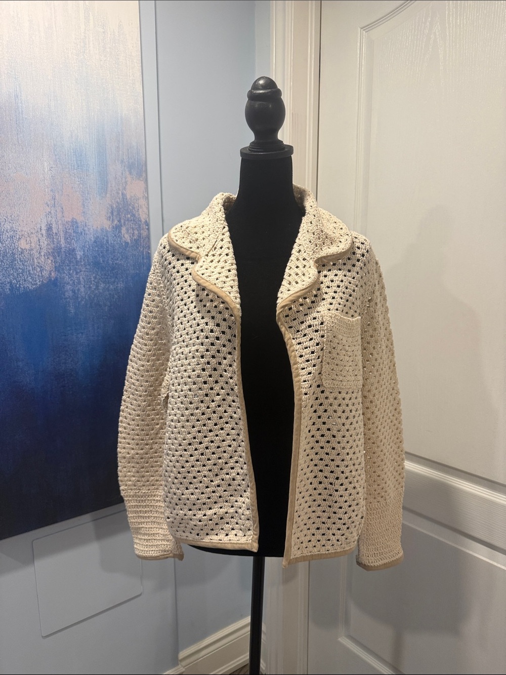 Free People Cream Open-Weave Crochet Cardigan with Contrast Trim